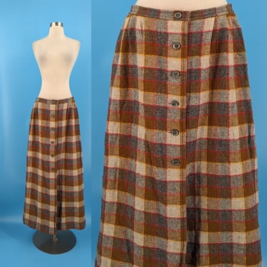 70s Pendleton Plaid Wool Maxi Skirt - Seventies Large Button Front Wool Skirt 