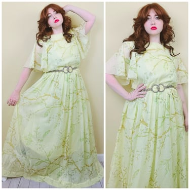 1970s Vintage Pastel Yellow Branch Print Maxi Dress / 70s / Seventies Flutter Sleeve Chiffon Floral Gown / Large 