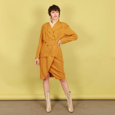 80s Rust Mustard Yellow Asymmetrical Blazer Suit Vintage Matching Skirt Wool Suit 