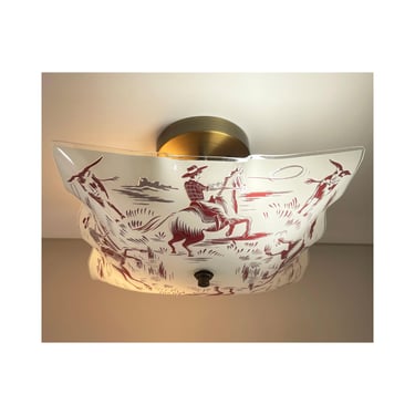 Mid Century Cowboy Rodeo Theme Glass Shade with Newly Built Antique Brass Fixture - Semi Flush Ceiling Light - 11.5