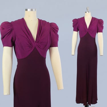 1930s Dress / 30s Fuchsia Crepe Gown / Puffed Sleeves / Two Tone Gown 