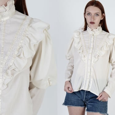 Off White Plain Gunne Sax Blouse / Ivory Jessica McClintock Shirt / Vintage 80s Simple Victorian Style / 1980s Gunnies Puff Sleeve Top 