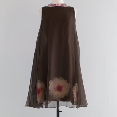 Fabulous 1960's Chocolate Chiffon Trapeze Dress With Huge Floral Appliqués / Medium