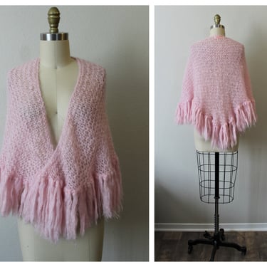 Vintage 1960s Gorgeous Pink Mohair  Fringe Large Shawl Wrap Saks Fifth Avenue // Modern One Size 