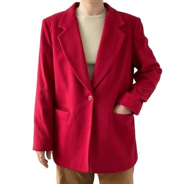 Vintage 90s Womens Cherry Red Wool Cashmere Single Breasted Oversized Blazer 