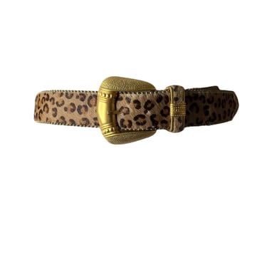 Vintage 90's Patrick Calf Hair Cheetah Print Belt, Gold Buckle, L 
