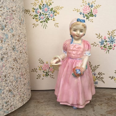 Vintage Royal Doulton &quot;Tinklebell&quot; Girl In Pink Gown With Basket And Flowers, Bone China Figurine Made In England R&N 800371 