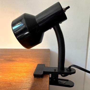 Vintage Mid-Century Modern Portable Clip On Lamp | Retro Black Gooseneck Clamp On Adjustable Lighting | MCM Office Workshop Bedside Reading 
