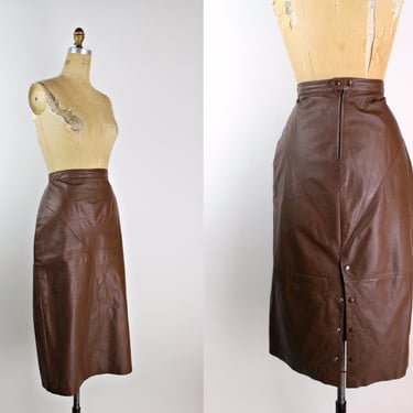 90s Brown Leather Pencil Skirt / 80s Leather Skirt / High Waisted Leather Skirt/ British Tan/ Waist 28