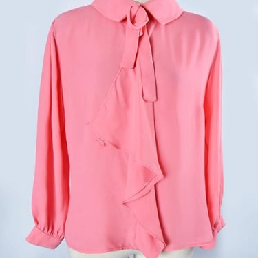 60's Pink Pussycat Bow Ruffle Blouse Vintage 1960's Shirt, Long Sleeves, Barbie Bubblegum Pink MOD 