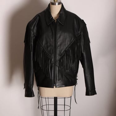 1980s Black Leather Fringe Long Sleeve Motorcycle Jacket Coat by Wild Ride -XXL 