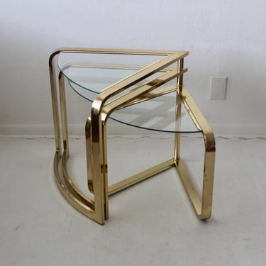 Fan Nesting Table by Design Institute of America Three Tier Brass Flat Bar Glass Expandable 