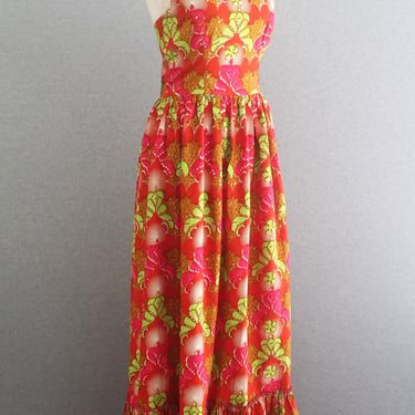 Halter - Maxi - African Print - Tropical - Pink /Green - Cotton Sundress - Estimated size S 