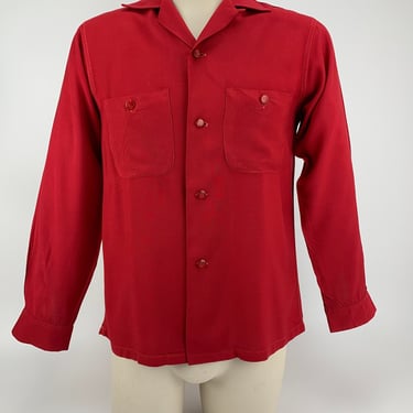 1950's Rayon Shirt- PENNLEIGH LABEL - Deep Red Rayon - Cool Buttons - Patch Pockets - Loop Collar - Men's Size Small 