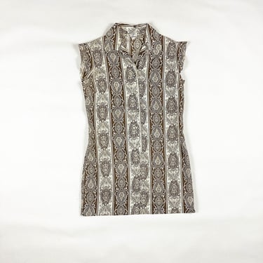 1960s Brown Paisley Vertical Stripe Dress by Terry / Mini Dress / Mod / Twiggy / Neutrals / Small / Ruffle Cap Sleeve / Boho / Micro Mini 