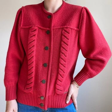 Vintage Womens Geiger Boiled Wool Cherry Red Austrian Cardigan Sweater Sz M 