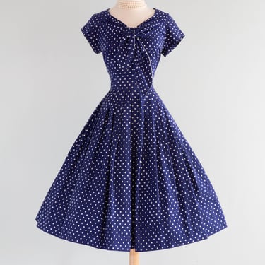 Classic 1950's Horrockses Navy Blue Cotton Polka Dot Dress / Waist 26"