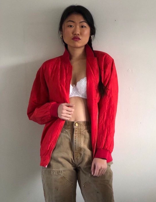 90s silk bomber jacket / vintage red silk quilted liner bomber jacket | L 