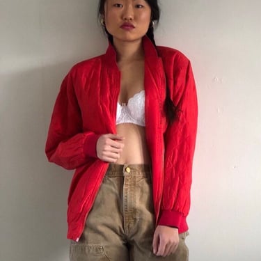 90s silk bomber jacket / vintage red silk quilted liner bomber jacket | L 