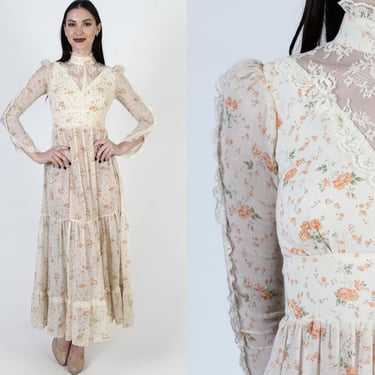 Long Victorian Orange Calico Dress, Vintage 70s Boho Wedding Maxi, Cottagecore Edwardian Gown 