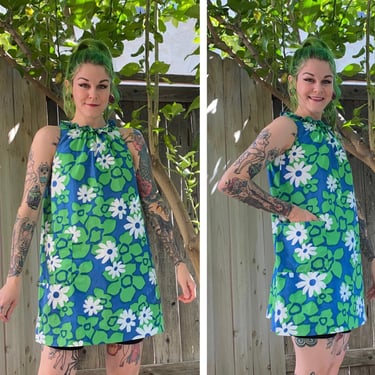 Vintage 1960’s Blue and Green Hawaiian Mini Dress 