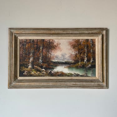 Vintage Winter Landscape of a Forest Scene Oil on Canvas Painting, Framed 