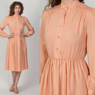 70s Peach Pleated Midi Shirt Dress - Petite Small | Vintage Button Up Long Sleeve Collared Dress 
