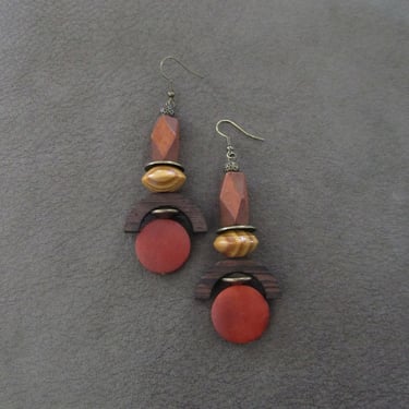 Large chunky carved wooden earrings, earth tones 