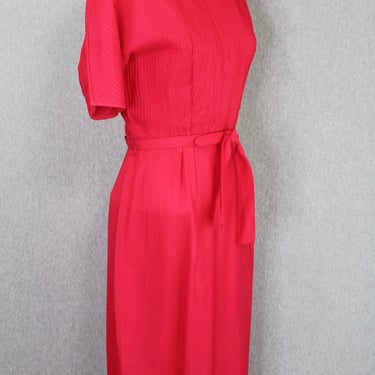 1950s Red Silk Chiffon Shirtwaist Dress- Hot Coral, Bright Party Dress- Size 4/6 