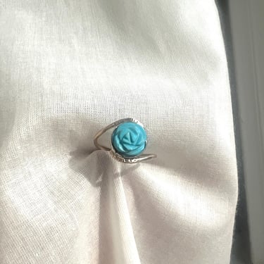 Carved Turqupise Rose Ring in sterling silver with 14k goldfill bypass band 