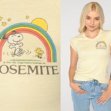 Yosemite Shirt 80s SNOOPY Tee Peanuts Natural Park California Print Tshirt 1980s Rainbow Vintage Graphic Baby T Shirt Yellow Small 