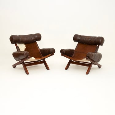 Pair of Swedish Vintage Midcentury Leather Cow Hide Armchairs