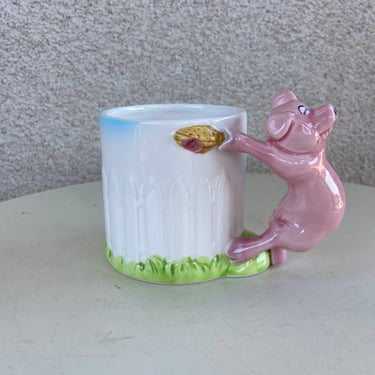 Vintage kitsch pig ceramic mug 3D holds 10 oz by Bergschrund Seattle 1990 sz 3.5” 