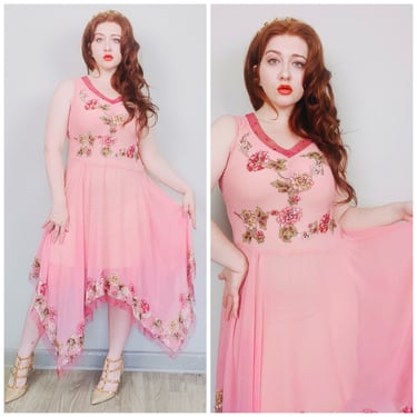 Y2K Does 20s Pink Chiffon / Crepe Style Flapper Dress / Vintage Floral Applique Sheer Handkerchief Hem Dress / Size Medium 