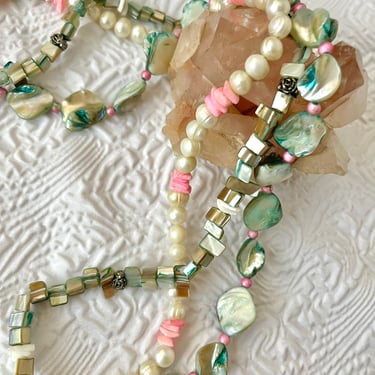 Statement Necklace, Shells, Abalone, Faux Pearls, MOP, Triple Strand, Adjustable 
