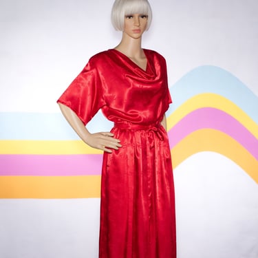 Vintage 1980s Red Satin Maxi Dress | Small 