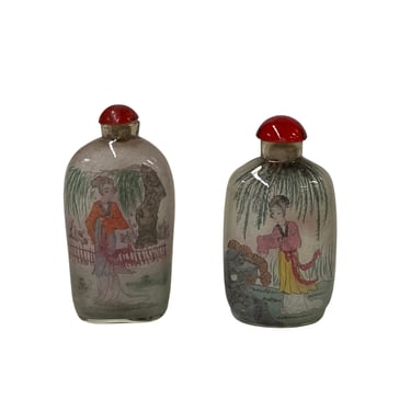 2 x Chinese Glass Snuff Bottle Oriental Scenery Mask Graphic ws2780S