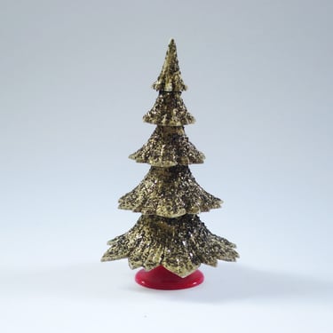 Vintage Gold Glitter Tree, Hard Plastic, West Germany, Holiday Table Top Decoration 