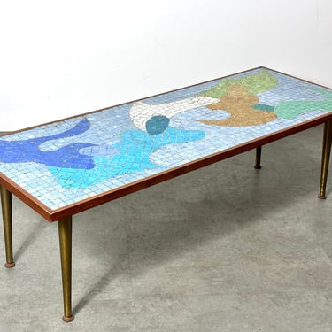 Mid Century Modern Abstract Mosaic Tile Top Brass Coffee Table 1950s 
