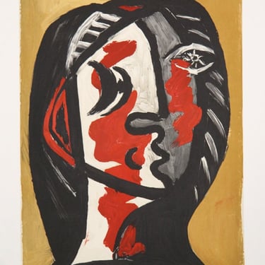 Tete de Femme en Gris et Rouge sur Fond Ochre, Pablo Picasso (After), Marina Picasso Estate Lithograph Collection 