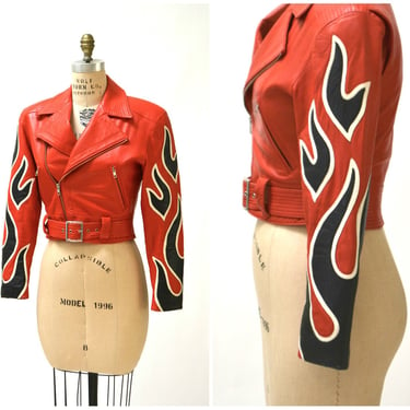 Vintage Leather Motorcycle Jacket RED Small by Michael Hoban North Beach Leather// Vintage Leather Biker Jacket with Flames Red Black 