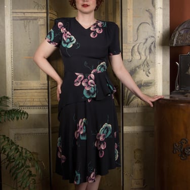 1940s Dress - Rare Vintage 40s Currant Berry Novelty Print Dress on Navy Rayon 