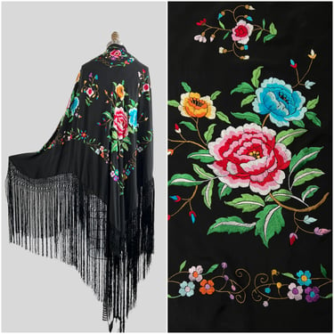 Vintage 1980's-Y2K Black Floral Embroidered Fringe Piano Shawl | Spanish Flamenco Shawl | Hippie, Boho, Art Deco, Folk, Gatsby | One Size 