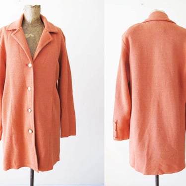 Vintage Coral Orange Womens Knit Coat S M - Knitted Spring Button Down Long Jacket - Solid Color Jacket - Preppy Colorful Jacket 