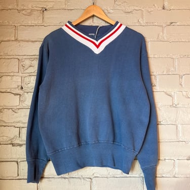 Medium, Vintage 1960s V Neck Cotton Sweatshirt, Grey Red 