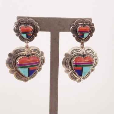 Vintage Southwestern QT Earrings Double Heart Shaped Silver Turquoise Dangly Scallop Edged Native American Navajo Zuni Carolyn Pollack 
