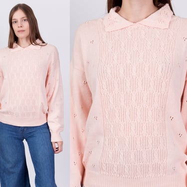 80s Pink Cottagecore Grandma Sweater - Medium to Large | Vintage Collared Eyelet Knit Girly Pullover Jumper 