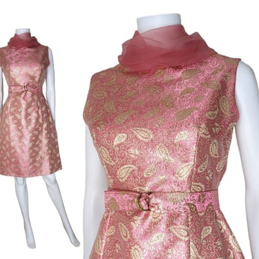 Vintage Pink and Gold Lurex Party Dress, Small Medium / 1960s Metallic Paisley Cocktail Dress with Chiffon Cowl Neckline 