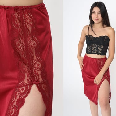 Half Slip Skirt 70s Lingerie Skirt red LACE Slip Midi Front Slit Pinup Hippie High Waisted Boho 1970s Bohemian Vintage Pin Up Medium 