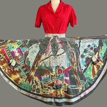 1950s Circle Skirt / Hand Painted Mexican Circle Skirt w/ Skirt Appliqués / Mexican Tourist Skirt / Size Medium Size Small 